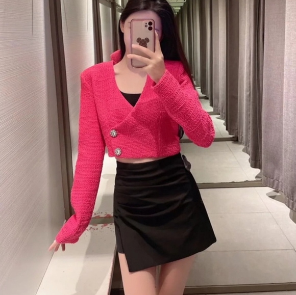 Zara * Cropped Blazer Top Pink Tweed Textured Size XS S M L - Picture 11 of 12